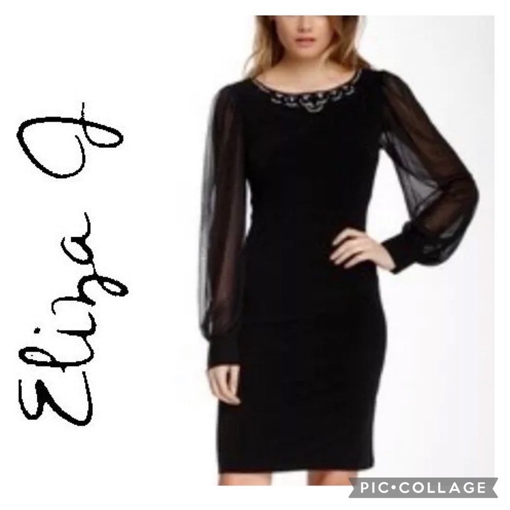 ELIZA J. Paris Embellished Black Sheer Sleeve Cocktail Dress 6